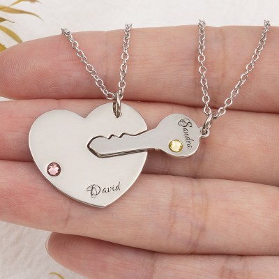 Collier Gravé Personnalisé Clé À Mon Coeur Nom Pendentif Ensemble Pour Couple