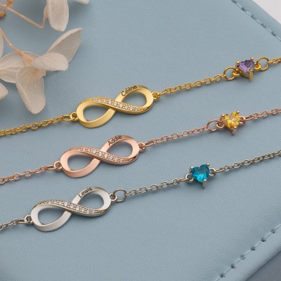 Bracelet personnalisé de nom de photo d'infini avec le cadeau d'amour de pierre de naissance pour son cadeau pour le cadeau d'anniversaire de maman