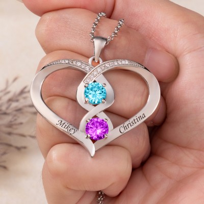 Collier personnalisé avec nom de couple en forme de cœur, avec pierres de naissance, idées cadeaux pour son anniversaire, cadeau de Saint-Valentin